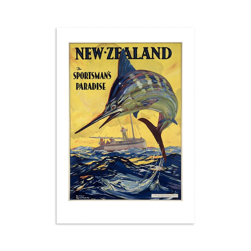 The Sportsmans Paradise Tourist Print features a bold marlin leaping from the ocean with a boat in the background and New Zealand The Sportsmans Paradise text—ideal for collectors or as an archival print.