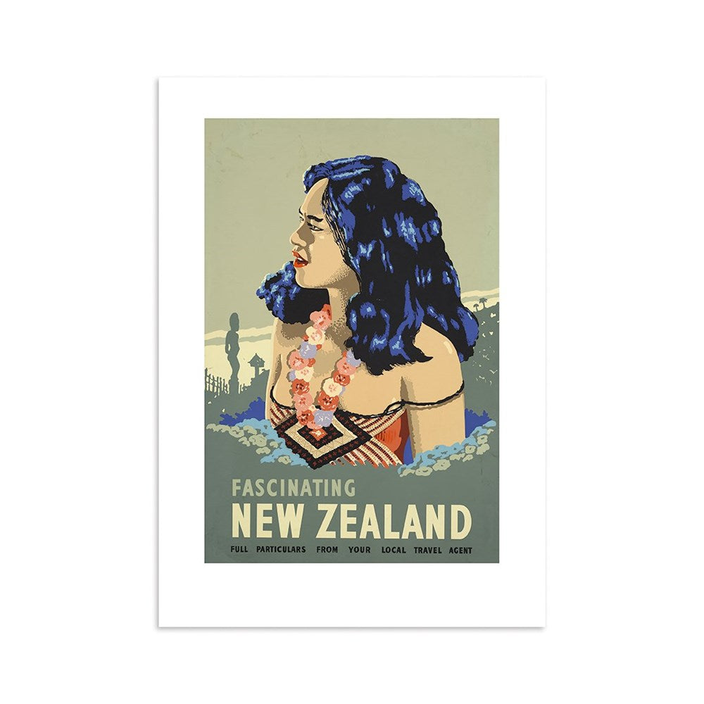 The Fascinating NZ Tourist Print features a vintage poster of a woman with long blue hair in traditional attire, titled Fascinating New Zealand and promoting local travel. Perfect as an archival decor piece.