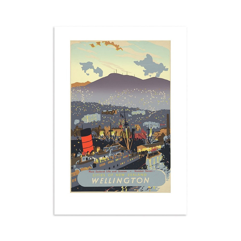 The Wellington City Tourist Print showcases a harbor scene with a ship, city buildings, and antenna-topped hills. Wellington is printed at the bottom. This collectible is ideal for archival print art fans and New Zealand enthusiasts.