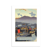 The Wellington City Tourist Print showcases a harbor scene with a ship, city buildings, and antenna-topped hills. Wellington is printed at the bottom. This collectible is ideal for archival print art fans and New Zealand enthusiasts.