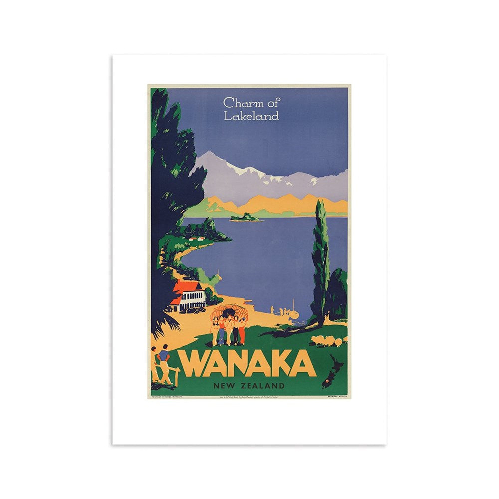 The Wanaka Tourist Print is a collectible vintage travel poster for Wanaka, New Zealand, showing people, sheep, a car, and trees by the lake with mountains in the background and “Charm of Lakeland” at the top.