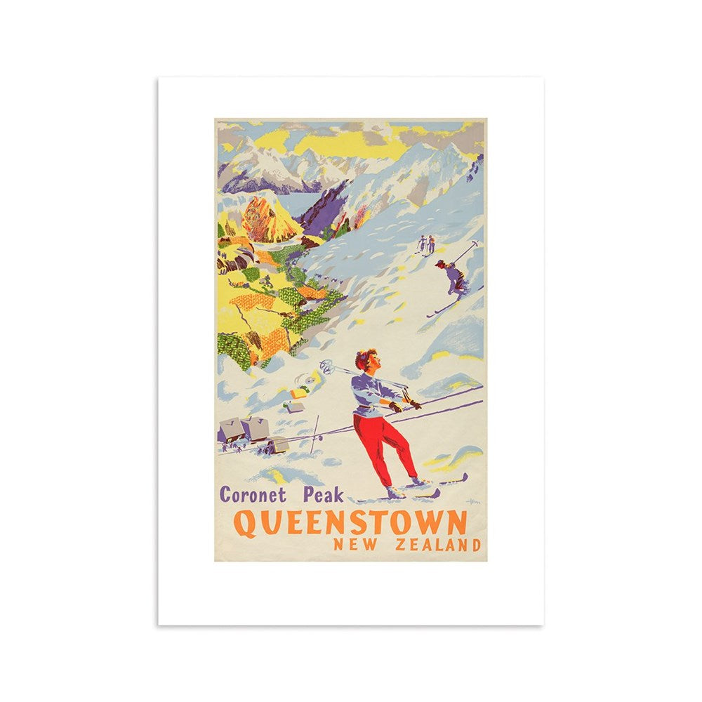 The Coronet Peak Queenstown Tourist Print is a vintage-style archival poster showing skiers on snowy slopes with mountain scenery. Coronet Peak Queenstown New Zealand appears below in blue and orange—ideal for poster collectors.