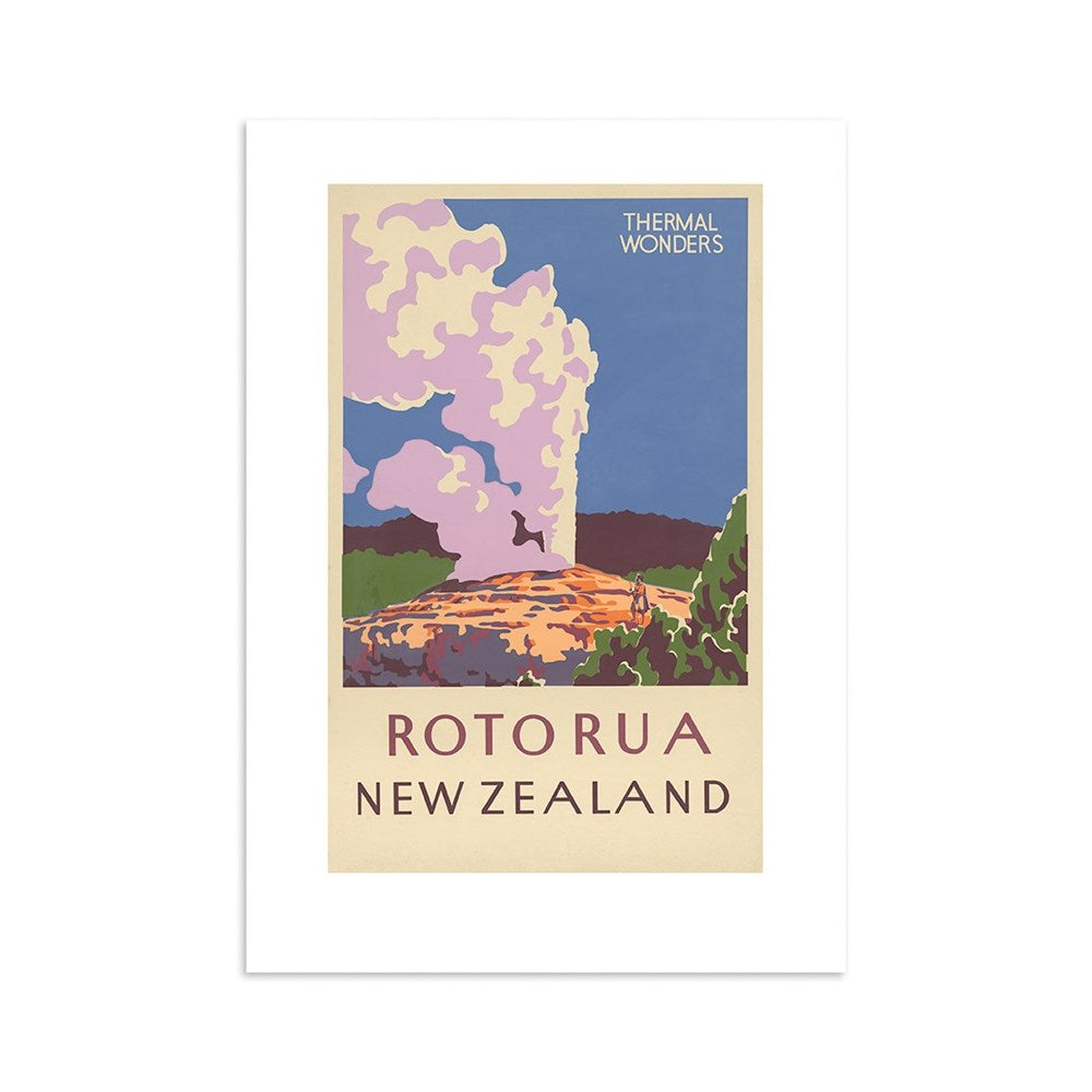 The Rotorua NZ Tourist Print features a vintage-style poster of a geyser erupting with steam beneath a blue and purple sky, lush greenery, and the text THERMAL WONDERS - ROTORUA NEW ZEALAND.