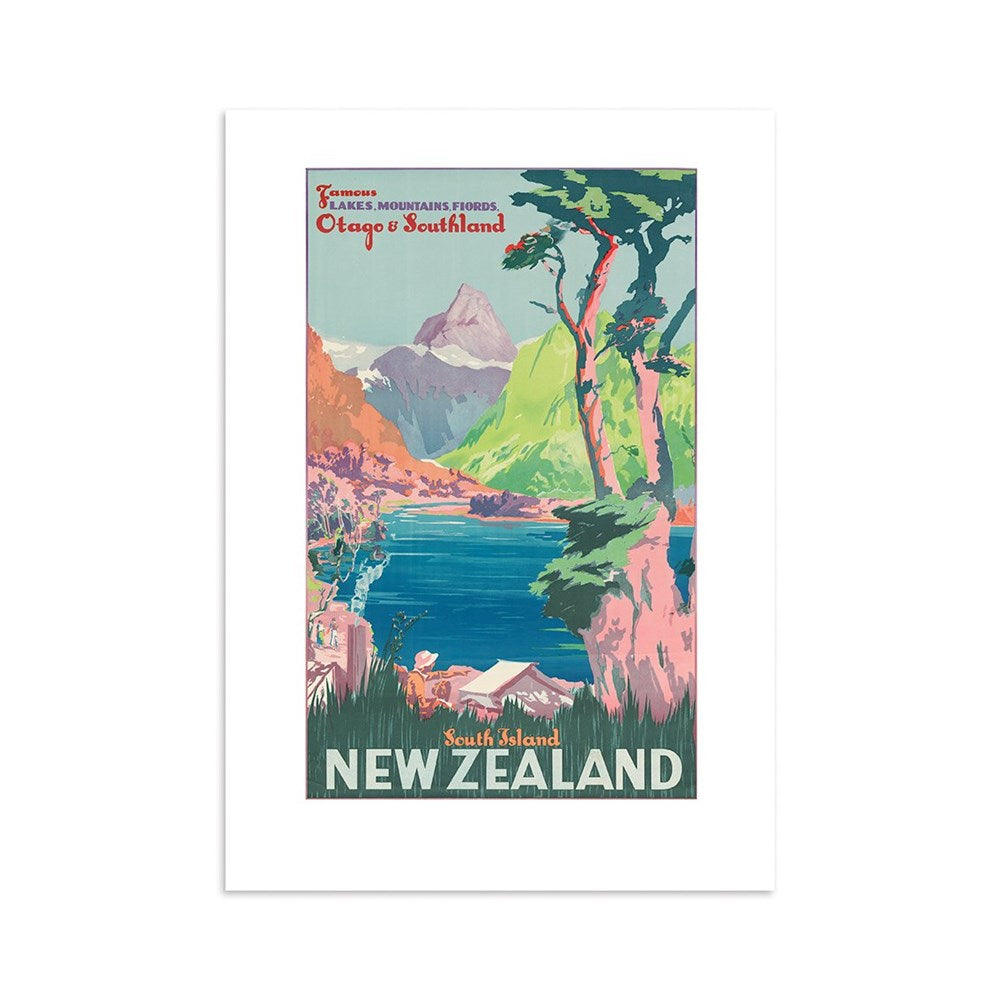 The South Island NZ Tourist Print showcases a vibrant vintage landscape with mountains, lake, trees, and a boater—ideal for poster collectors or as an archival print celebrating Otago & Southland in New Zealand.