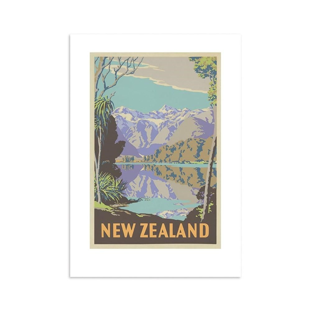 The Lake Matheson Tourist Print features a vintage-style landscape of mountains reflected in the lake, surrounded by trees and plants, with NEW ZEALAND at the bottom—a perfect archival print for any space.