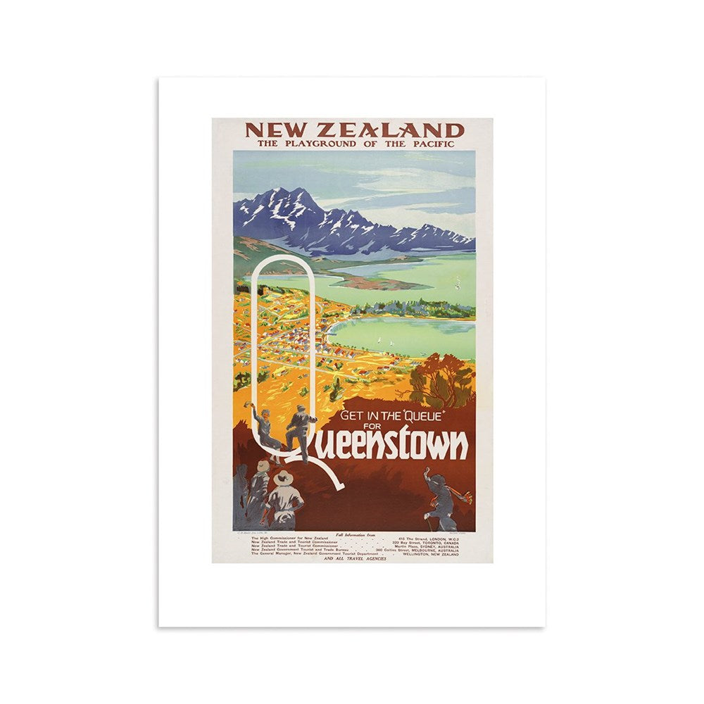 The Get in the Queue for Queenstown Tourist Print is a vibrant archival travel poster depicting Queenstown’s mountains, lakes, skiing, and hiking. It features the text: “New Zealand: The Playground of the Pacific” and “Get in the Queue for Queenstown.”.