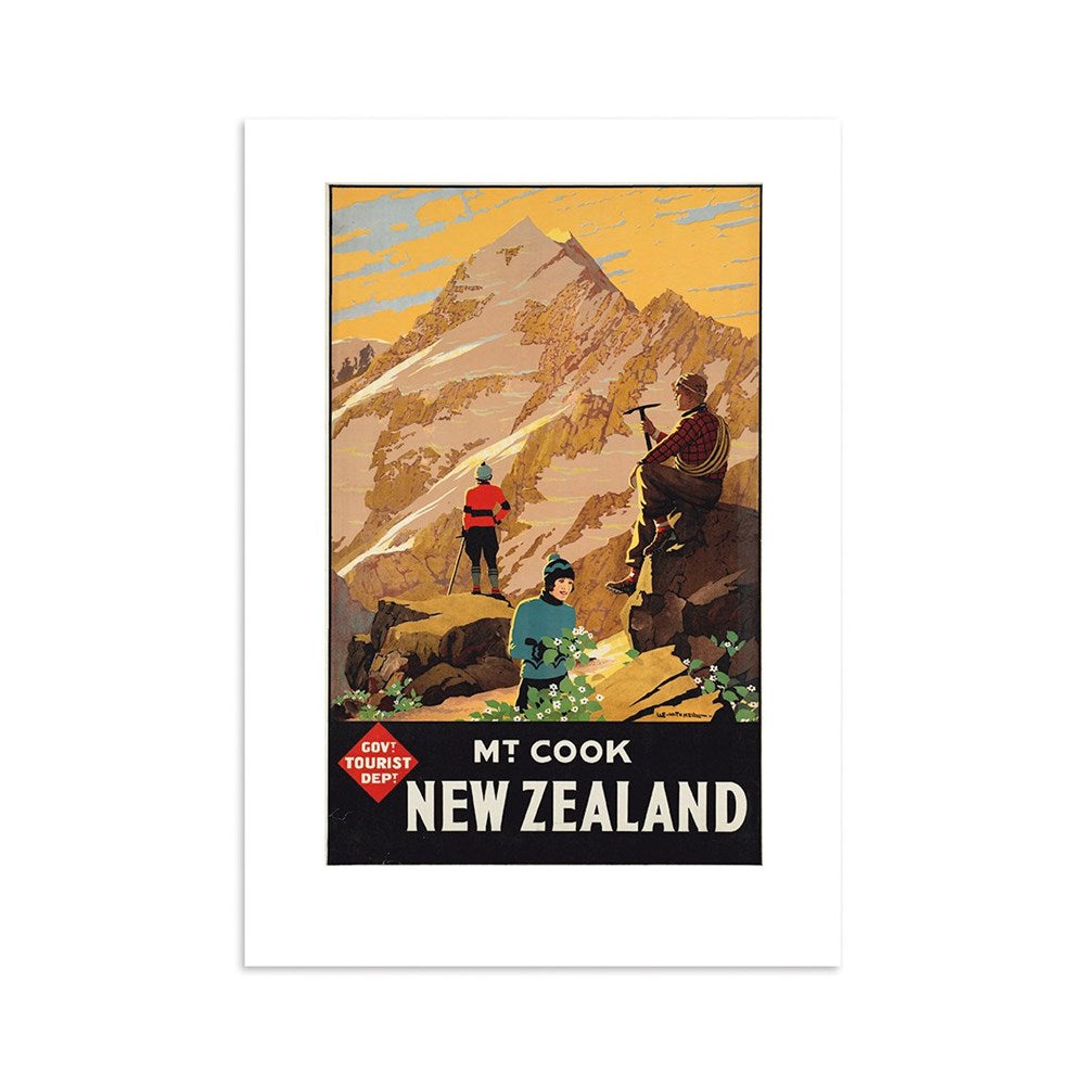The Mt Cook Tourist Print is a vintage travel poster from New Zealand showing three people on rocky terrain with snowy peaks behind them, featuring the text Govt Tourist Dept. Mt Cook New Zealand. Ideal for poster collectors.