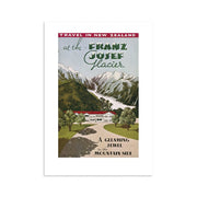 The Franz Josef Glacier Tourist Print showcases New Zealand’s snowy peaks, glacier, a building, and “A gleaming jewel in the mountain side”—an ideal archival print for collectors of vintage travel posters.