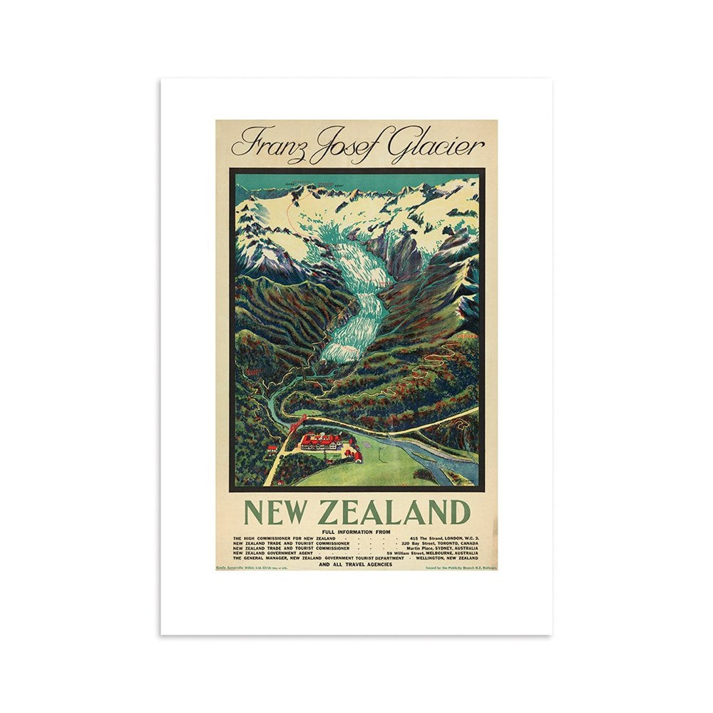 The Franz Josef Glacier Tourist Print showcases a vintage scene of the glacier amid snowy peaks and forest, with a building and road in front. Franz Josef Glacier and New Zealand appear in the design, celebrating this timeless destination.