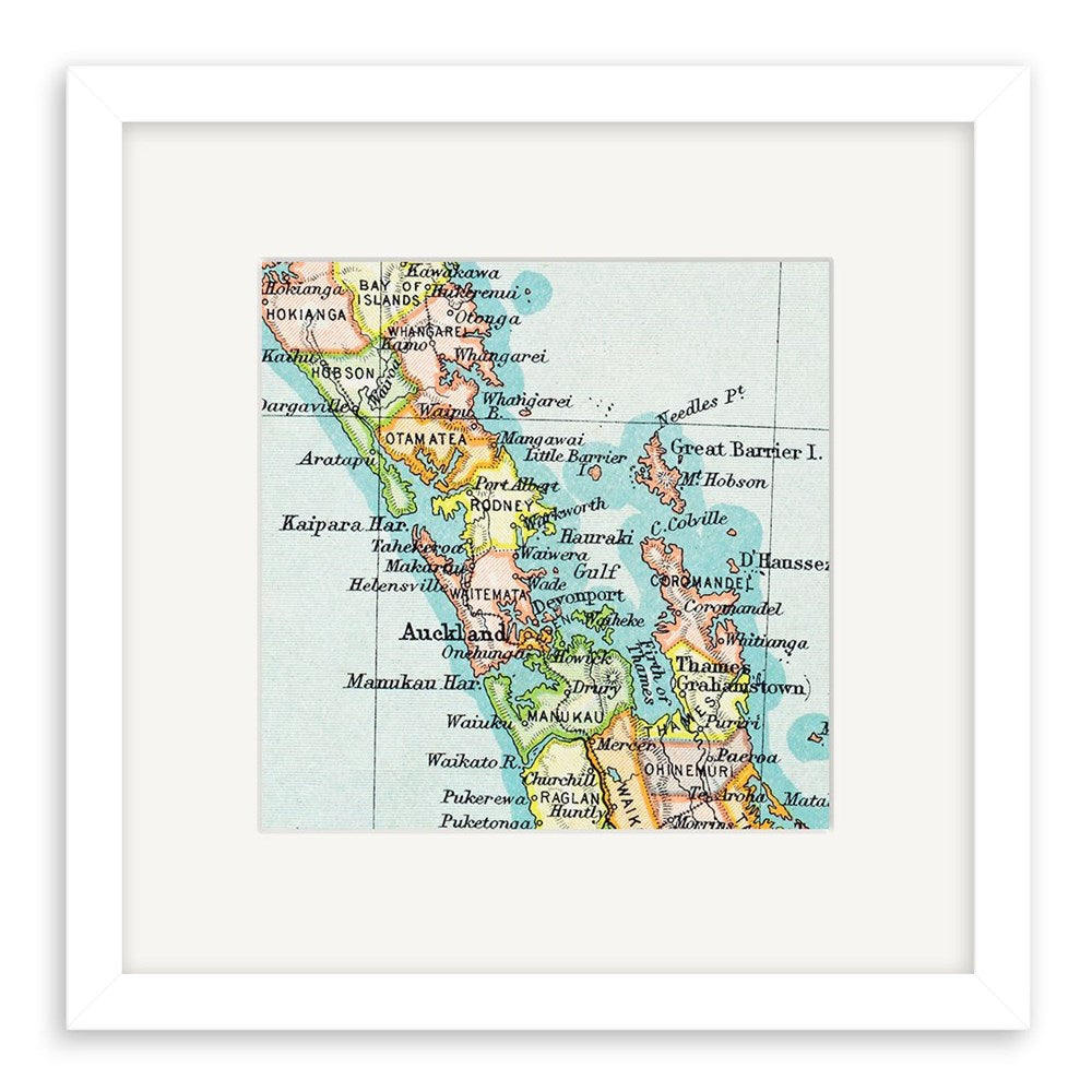 Auckland Vintage Map Print - Second: Framed giclee print of northern North Island, New Zealand, with labeled cities, regions, and islands on a pale blue ocean background—design inspired by 19th-century lithographs.
