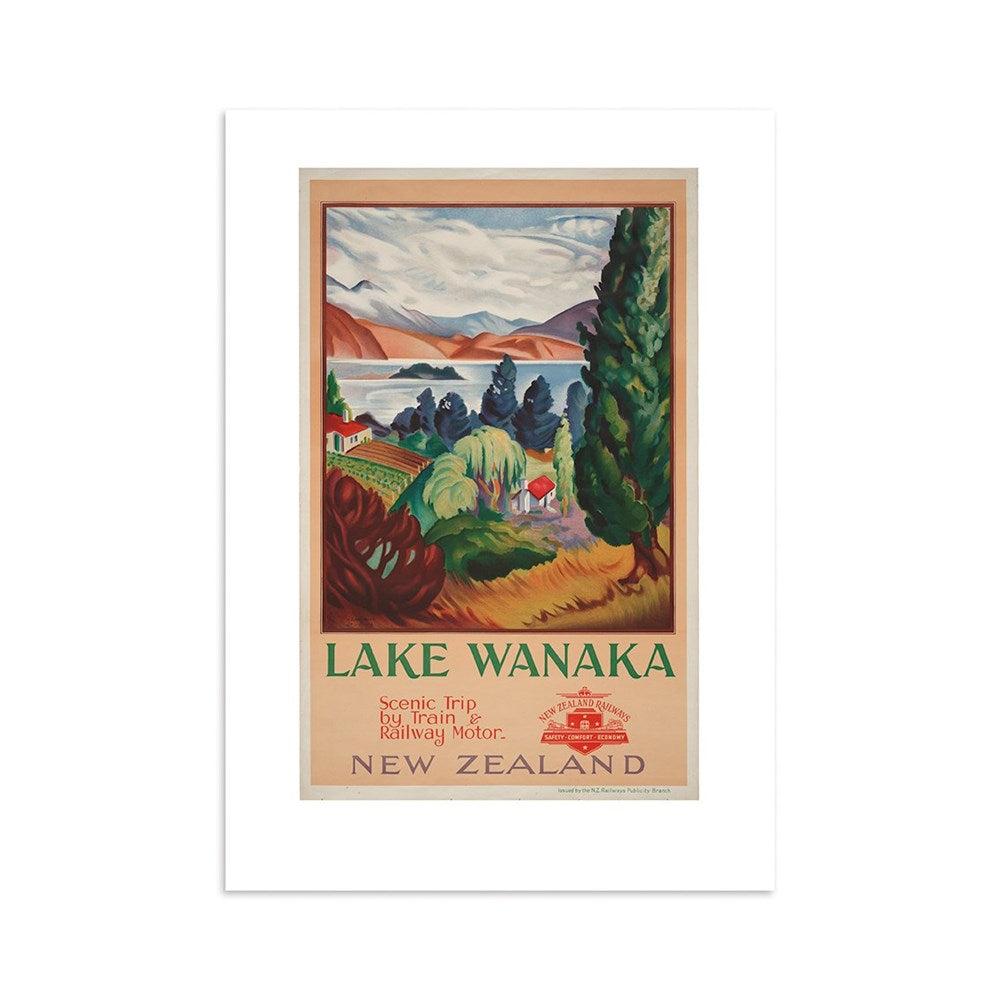The Lake Wanaka Tourist Print is a vintage-style travel poster featuring colorful trees, water, and mountains. The archival print reads Lake Wanaka, Scenic Trip by Rail, Train, Motor. New Zealand with a red rail logo at the bottom.