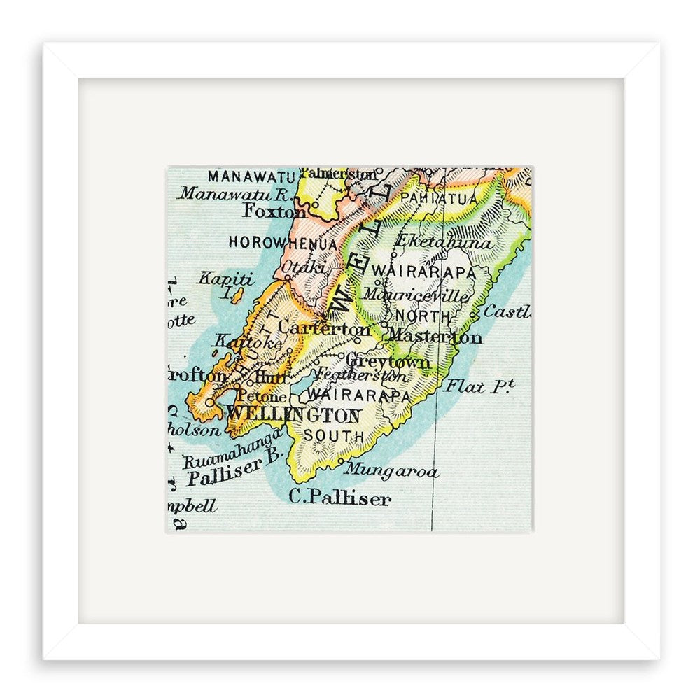The Wellington Vintage Map Print - Second is a framed giclee print of a 19th-century lithograph map showing part of New Zealand’s North Island, with labeled places including Wellington, Masterton, Palmerston North, and Kapiti.