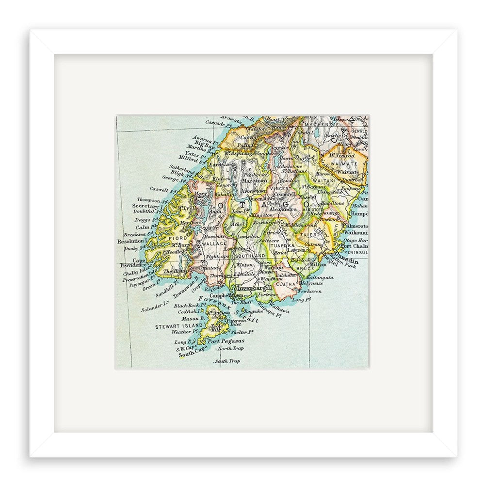 Lower South Island Vintage Map Print – Second: a framed lithograph reproduction highlighting towns, rivers, and geographic features in the southwest of Scotland with black labels on a pale blue and yellow background—ideal wall art.