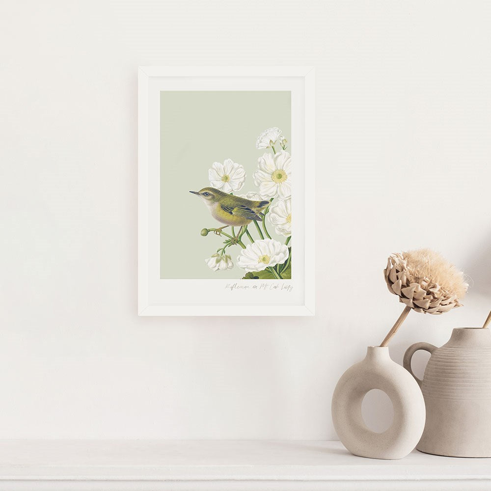 The Birds & Botanics Rifleman Print, featuring a native bird among white flowers, is framed and displayed above a shelf with two minimalist vases—one filled with dried flowers—on a light-colored wall.