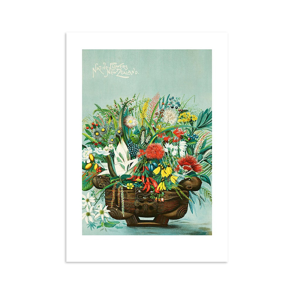 The NZ Native Flowers Print features an archival illustration of a carved wooden vessel filled with colorful New Zealand flora and foliage on a teal background, with “Native Flowers of New Zealand” at the top left.