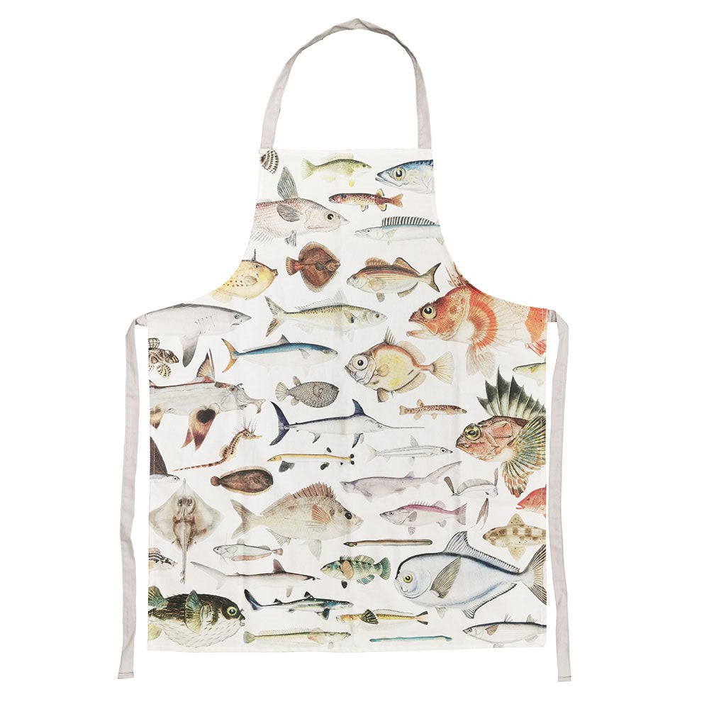The Fishes of New Zealand Apron is a white cotton apron with detailed fish illustrations in various shapes, colors, and sizes arranged in rows. Designed in New Zealand.