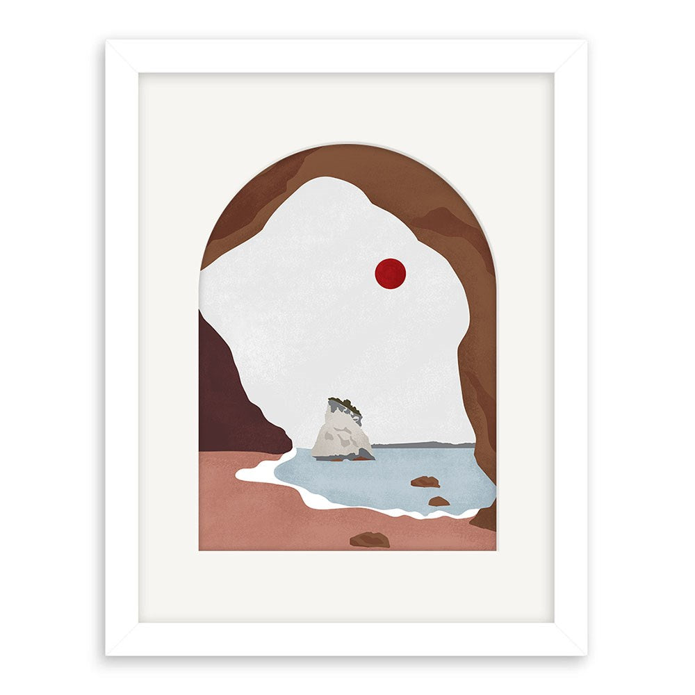 The Cathedral Cove Landmark Art Print features a minimalist beach scene viewed through a brown arch, with a rocky ocean vista and red sun—framed in white. Inspired by New Zealand’s iconic coastal beauty.