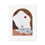 Minimalist illustration of Cathedral Cove viewed through a white frame, with a red sun, rocky cliffs, sandy beach, and blue water—a Landmark Collection art print inspired by New Zealand’s stunning shores.