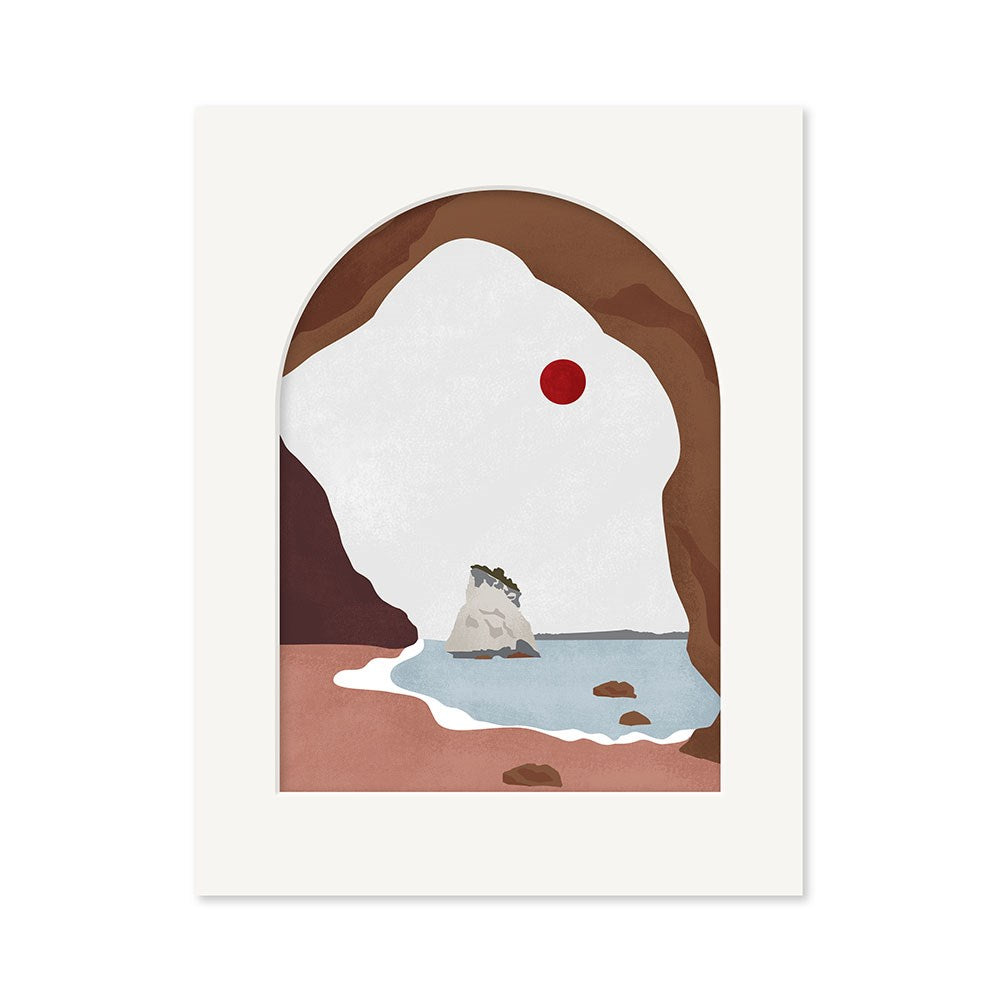 Minimalist illustration of Cathedral Cove viewed through a white frame, with a red sun, rocky cliffs, sandy beach, and blue water—a Landmark Collection art print inspired by New Zealand’s stunning shores.