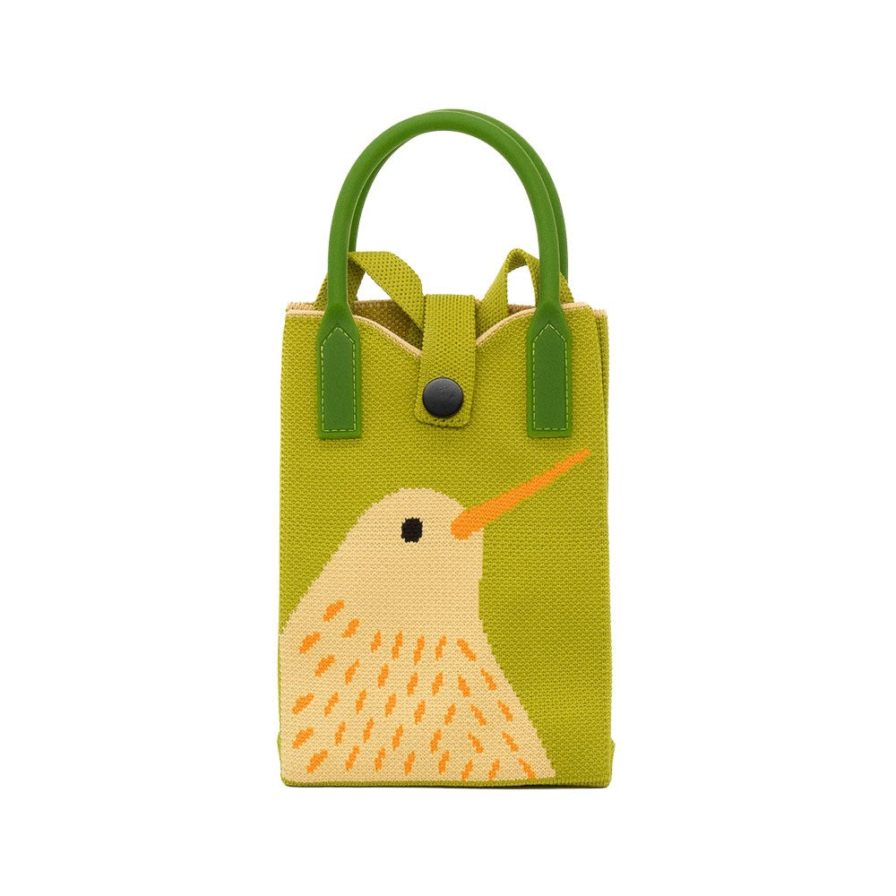 The Kiwi Cross-body Bag is a small, lightweight green tote with two round handles, a button closure, and native bird artwork—a speckled bird with an orange beak—perfect for fans of mini cross-body bags.