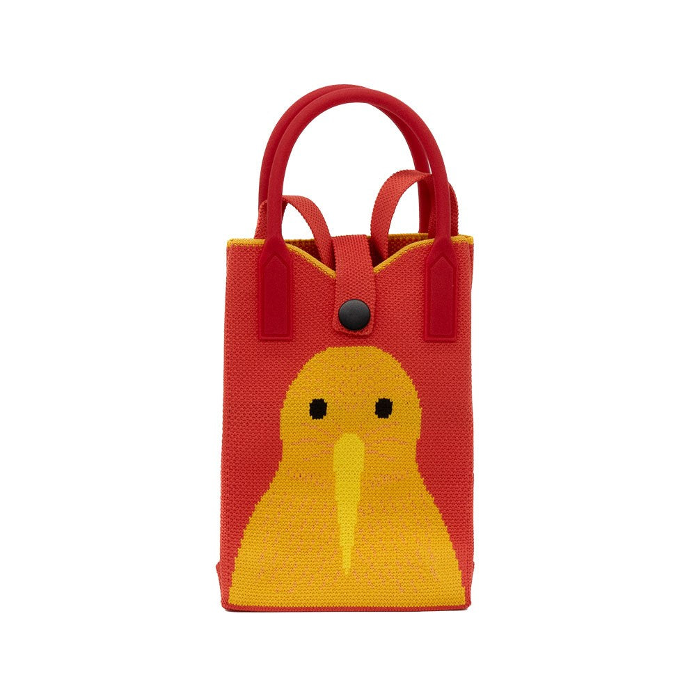 The Kiwi Cross-body Bag is a small red tote with two handles, a snap closure, and features native bird art—a yellow bird with black eyes and a long beak—on the front. This lightweight bag blends style and charm.