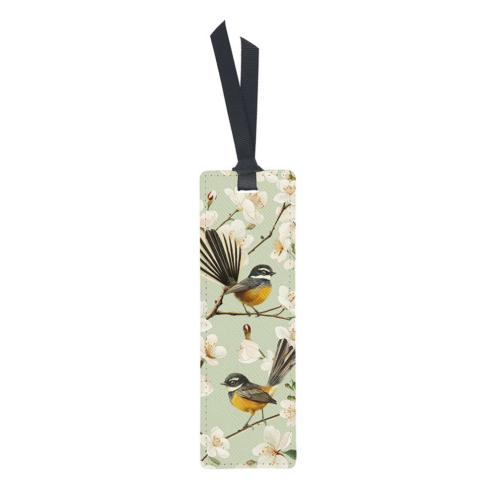 Rectangular Chatty Fantails bookmark featuring two fantail birds perched on flowering branches with a black ribbon at the top.