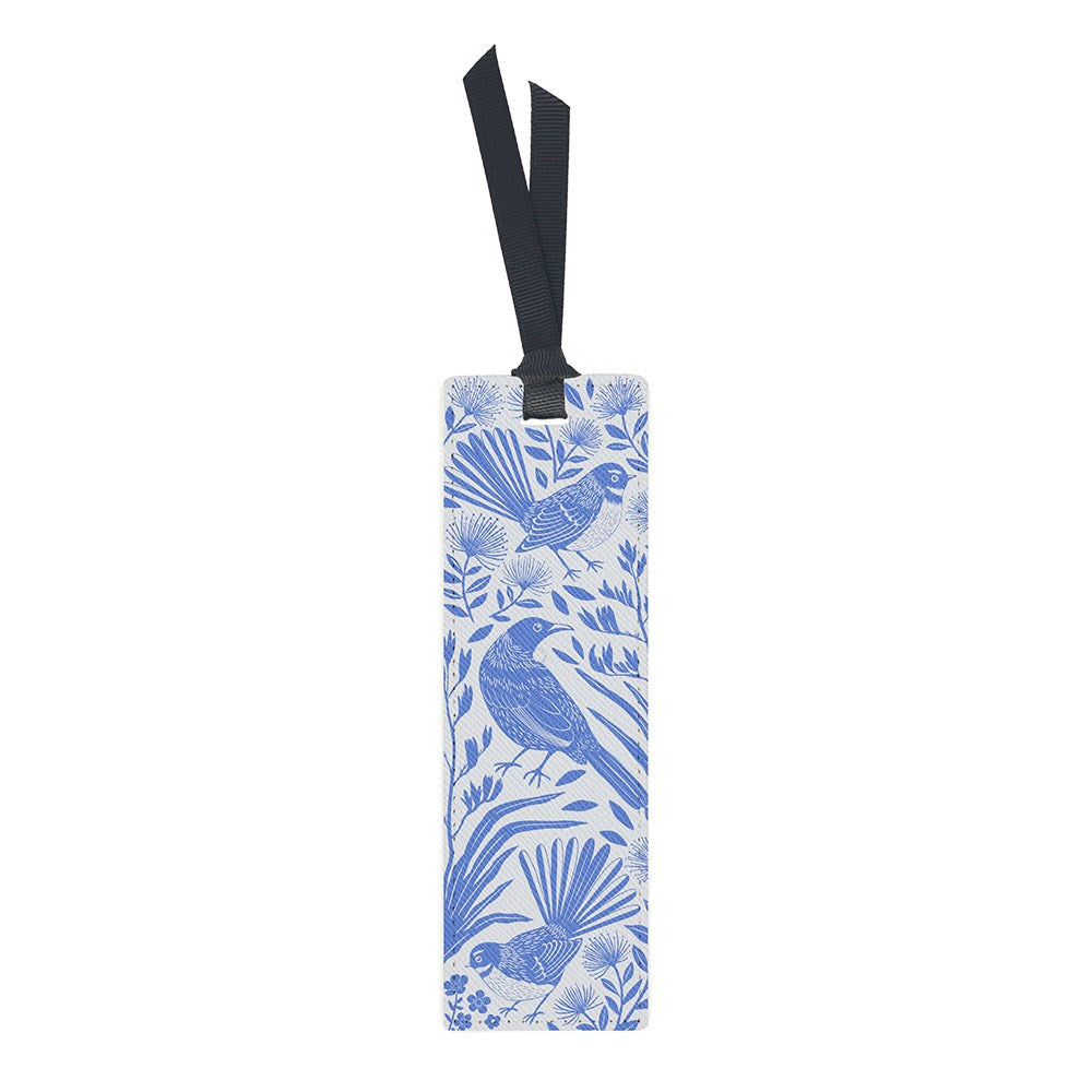 Rectangular Birdsong Blues bookmark featuring a blue and white botanical illustration of native birds and flowers, topped with a black ribbon.