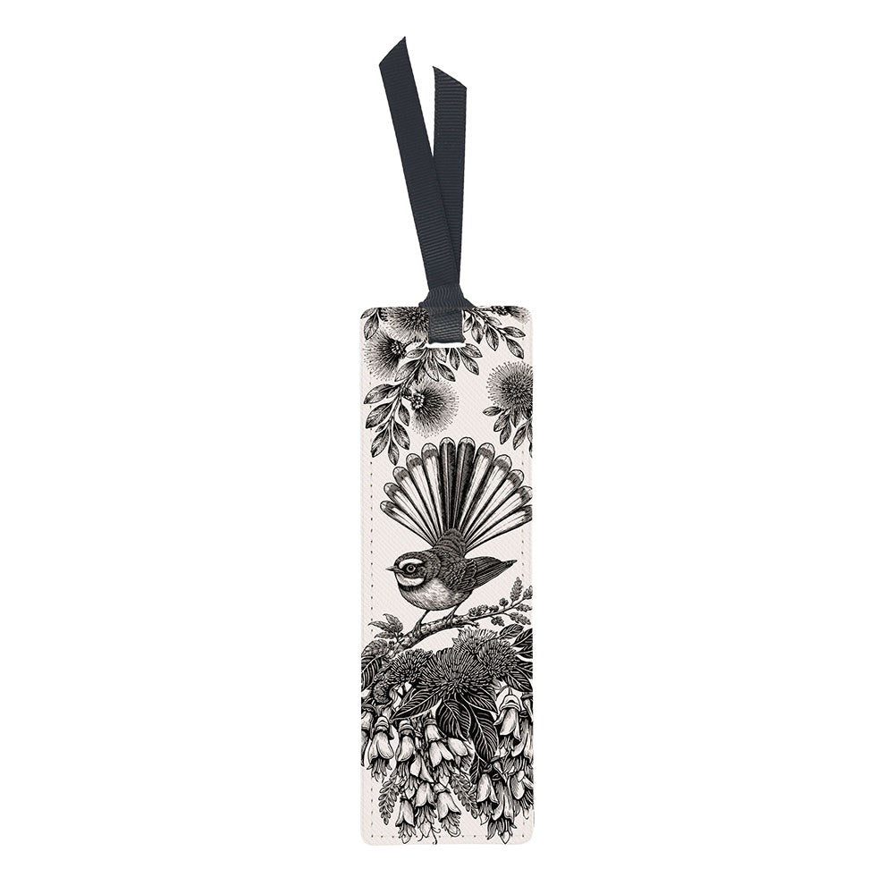 In Bloom Bookmark featuring a rectangular black and white illustration of a fantail among pōhutukawa and kōwhai, finished with a black ribbon.