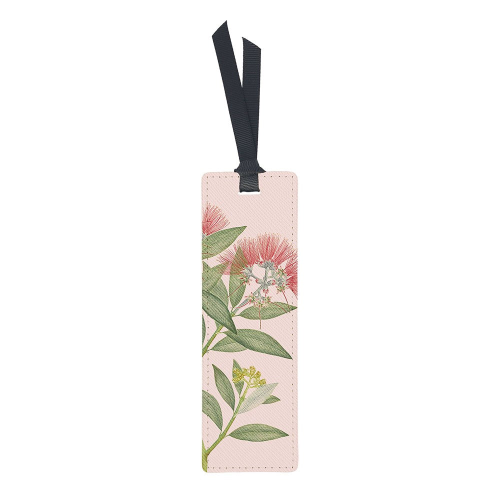 A rectangular Vintage Botanical Pohutukawa Bookmark with a pale pink background featuring a botanical illustration of green leaves and red flowers, finished with a dark ribbon at the top.