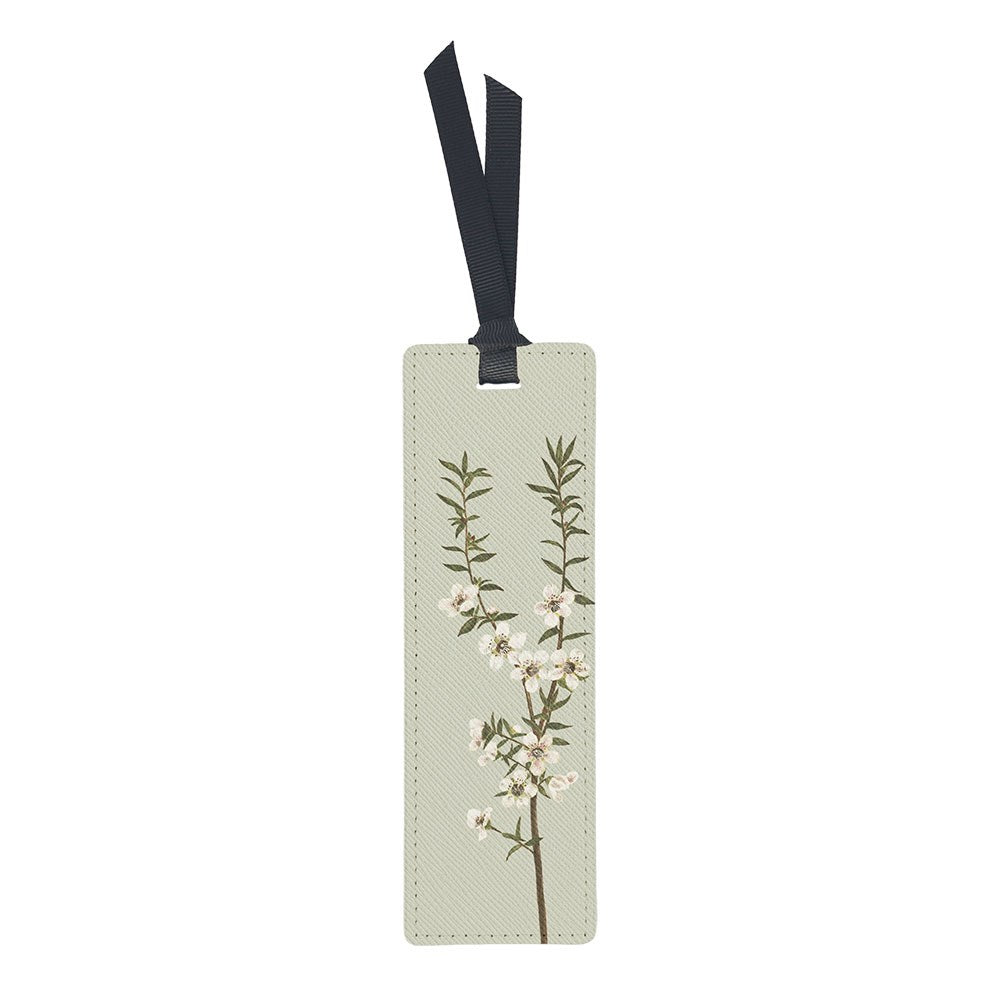 A pale green rectangular Vintage Botanical Manuka Bookmark featuring a vintage Mānuka botanical painting with a black ribbon loop at the top.