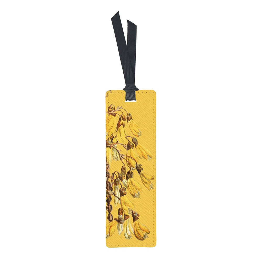 Vintage Botanical Kowhai Bookmark featuring a rectangular vintage kōwhai botanical painting by Sarah Featon, with a black ribbon tie at the top.