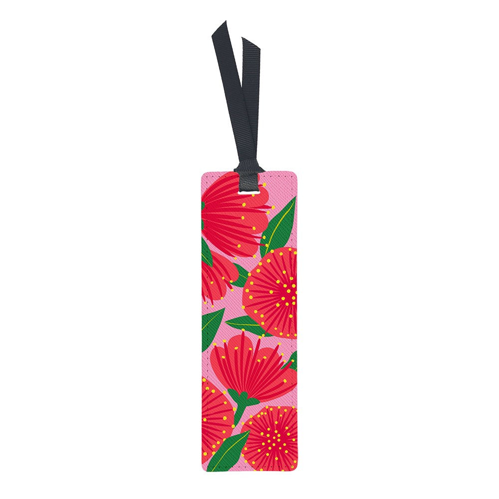 Bright Pink Pohutukawa Bookmark with a rectangular repeating pattern of red flowers and green leaves, finished with a black ribbon at the top.