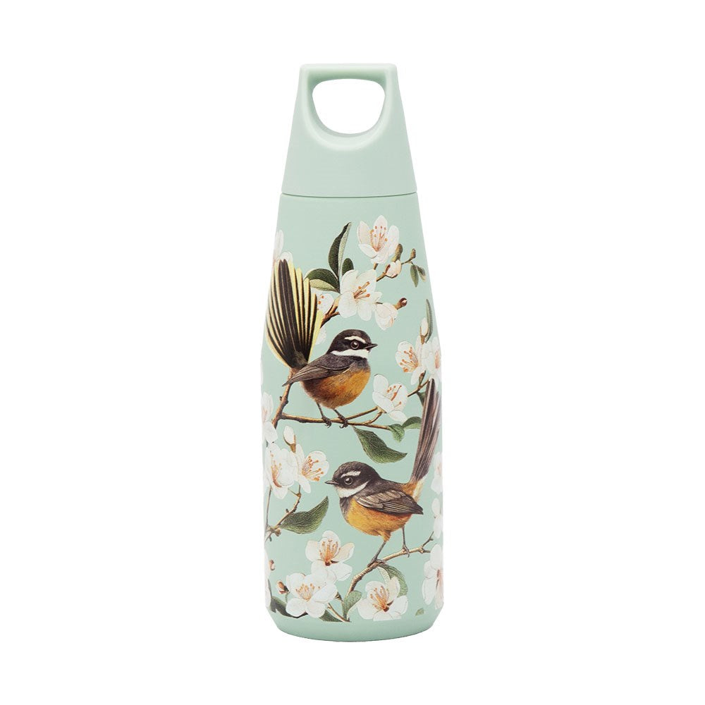 The Chatty Fantail Drink Bottle is a light green, BPA-free reusable bottle featuring two birds on flowering branches and an integrated handle in the cap.
