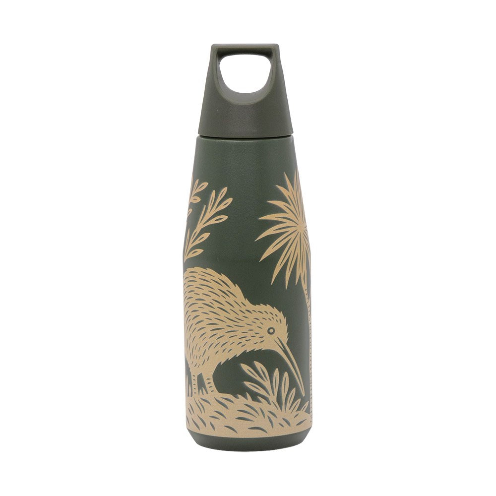 The Woodcut Kiwi Drink Bottle is dark green, BPA-free, and has a leak-resistant lid. It features a beige woodcut-style illustration of a kiwi bird surrounded by foliage.