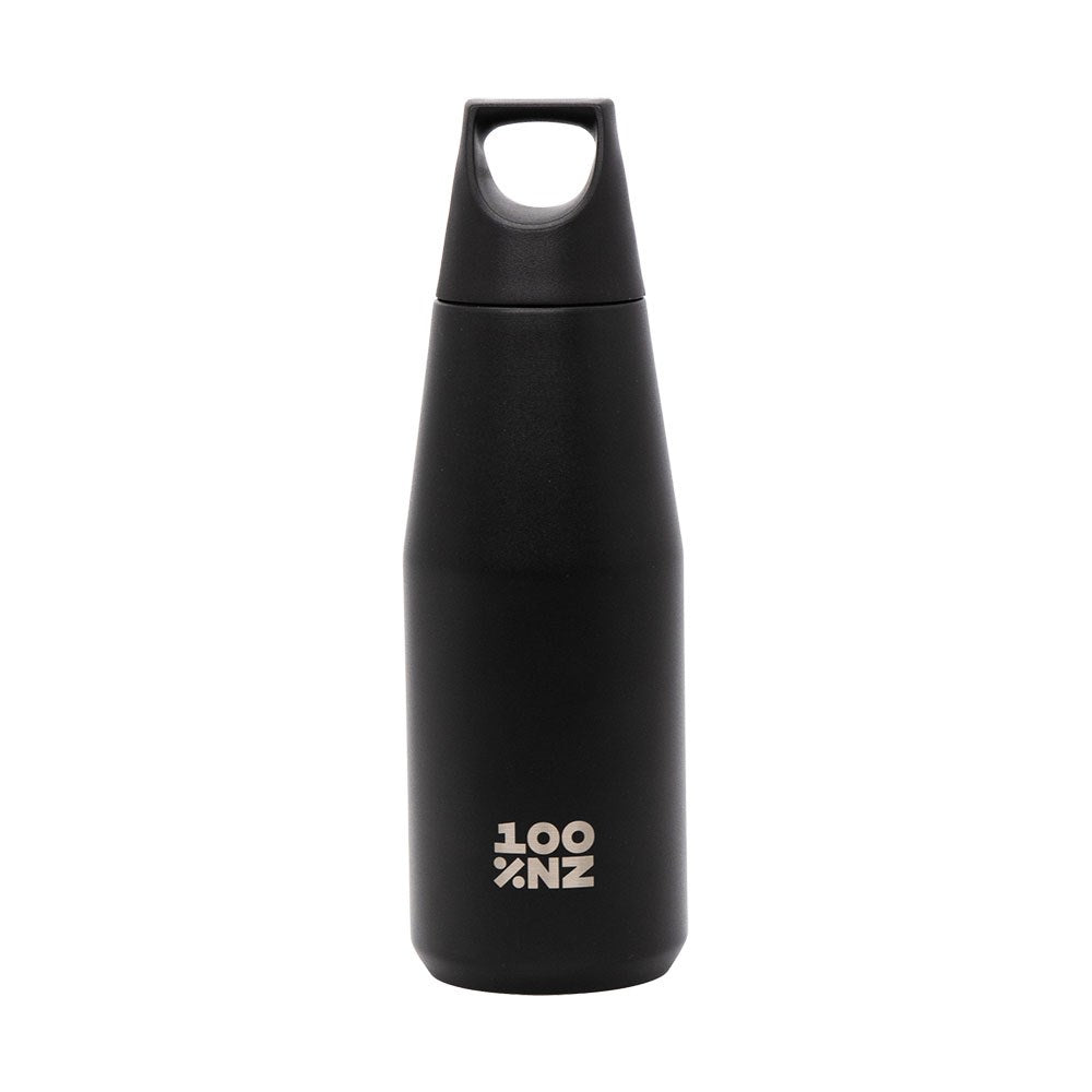 The Obsidian Drink Bottle is a matte black stainless steel, vacuum-insulated bottle with a leak-resistant screw-top lid and handle. "100% ZN" is printed in white near the base, standing out against a plain white background.