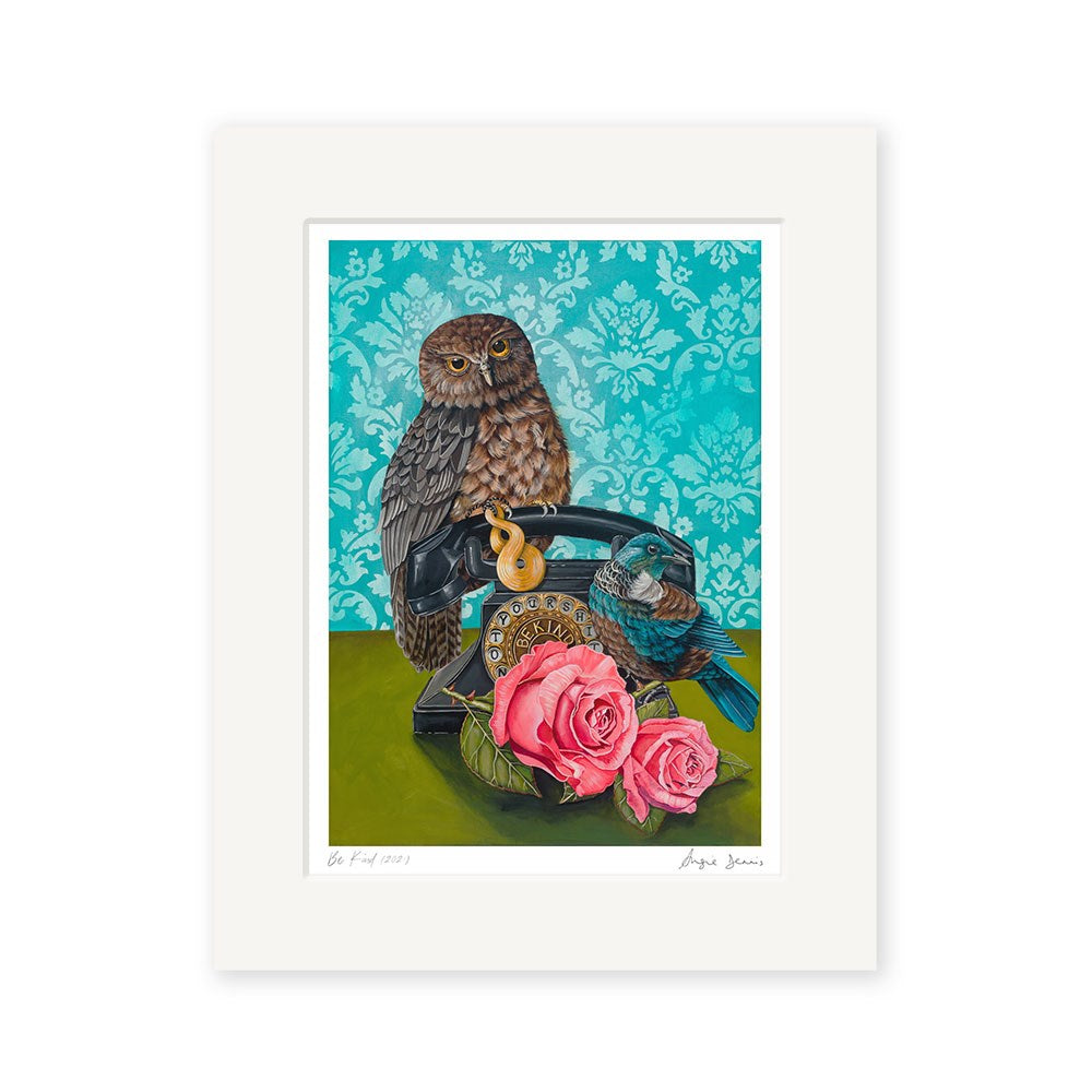 The Angie Dennis - Be Kind Art Print features an owl on a vintage black rotary phone, a blue bird, pink roses, and a teal damask background—available as archival quality NZ art prints with a white mat frame.