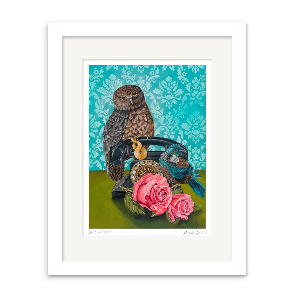 The Angie Dennis - Be Kind Art Print depicts an owl on a black rotary phone, with a blue bird and pink roses, set against a turquoise damask background—an archival quality artwork from New Zealand.