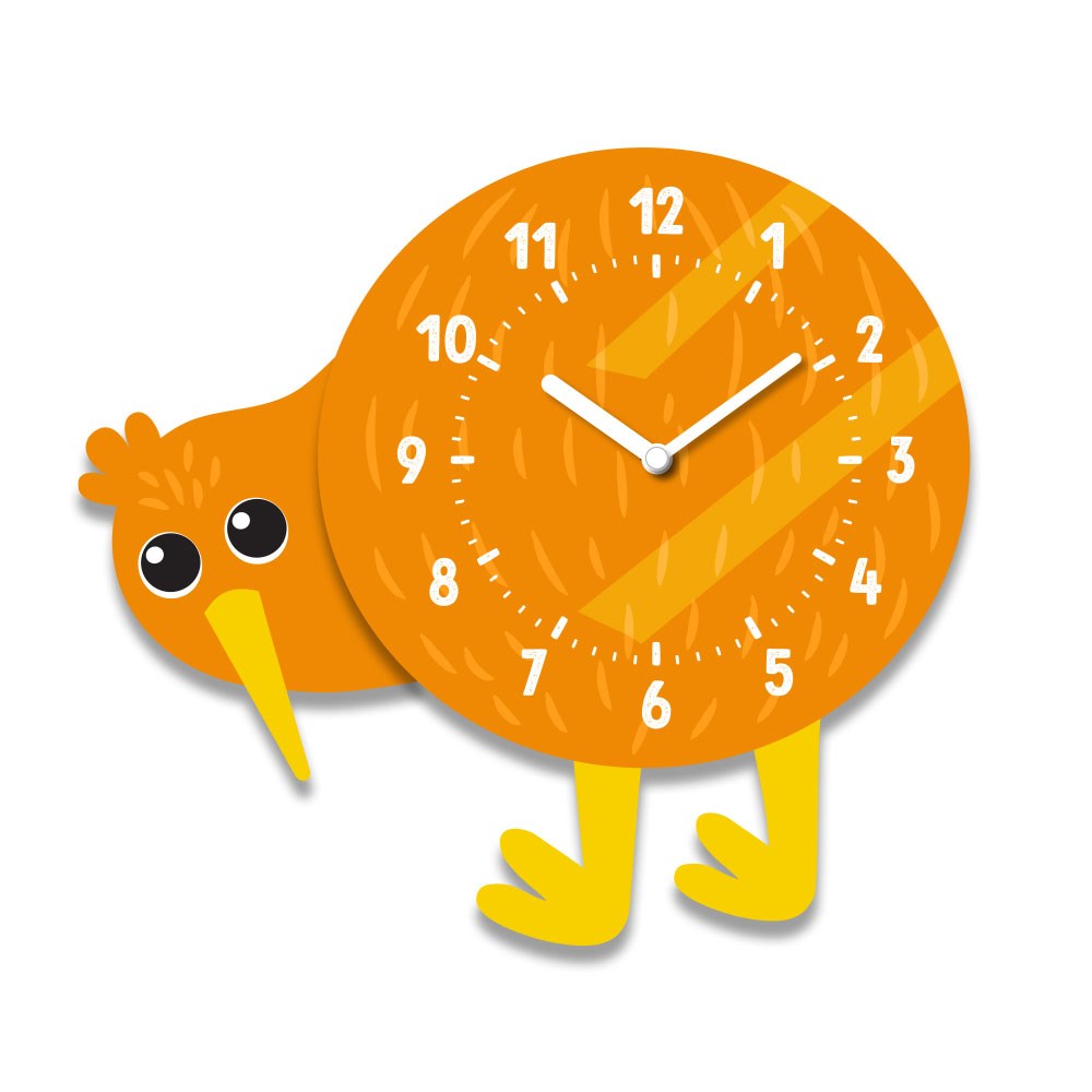 The Kiwi Kids Wobble Clock features a playful kiwi bird design with head, beak, and feet. Its round clock face forms the body and is set at 1:10—a charming New Zealand-inspired piece for your space.