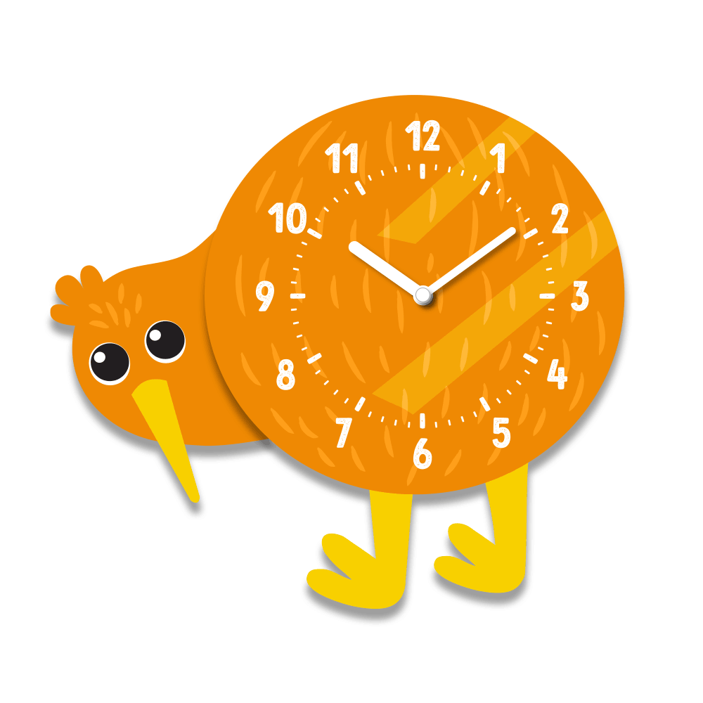 The Kiwi Kids Wobble Clock is shaped like a kiwi bird with a yellow beak and legs, black eyes, and the clock face as its body. It features a unique New Zealand design and displays the time set at 1:10.