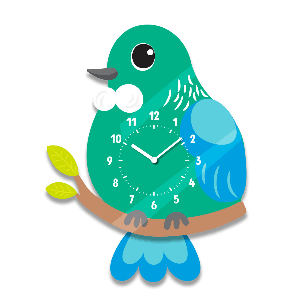 The Tui Kids Wobble Clock features a green and blue bird inspired by New Zealand design, displaying 1:05 on its body. The clock has a charming swinging tail and sits on a branch against a white background.