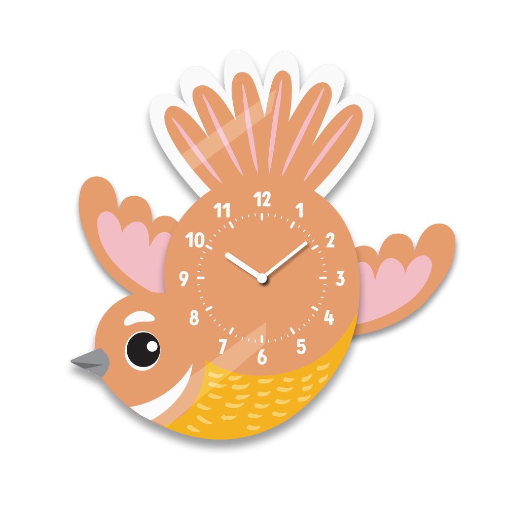 The Fantail Kids Wobble Clock features an orange and yellow cartoon bird with white and pink wings, inspired by New Zealand design. Its silent mechanism keeps time quietly, displaying 10:10 on the bird’s body.