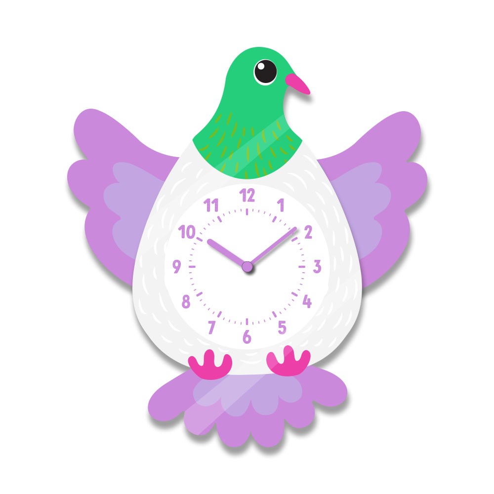 The Kereru Kids Wobble Clock features a cute pigeon shape with purple wings, green head, pink beak and feet. The clock face is set at 10:10—an adorable New Zealand design inspired by native bush wildlife.