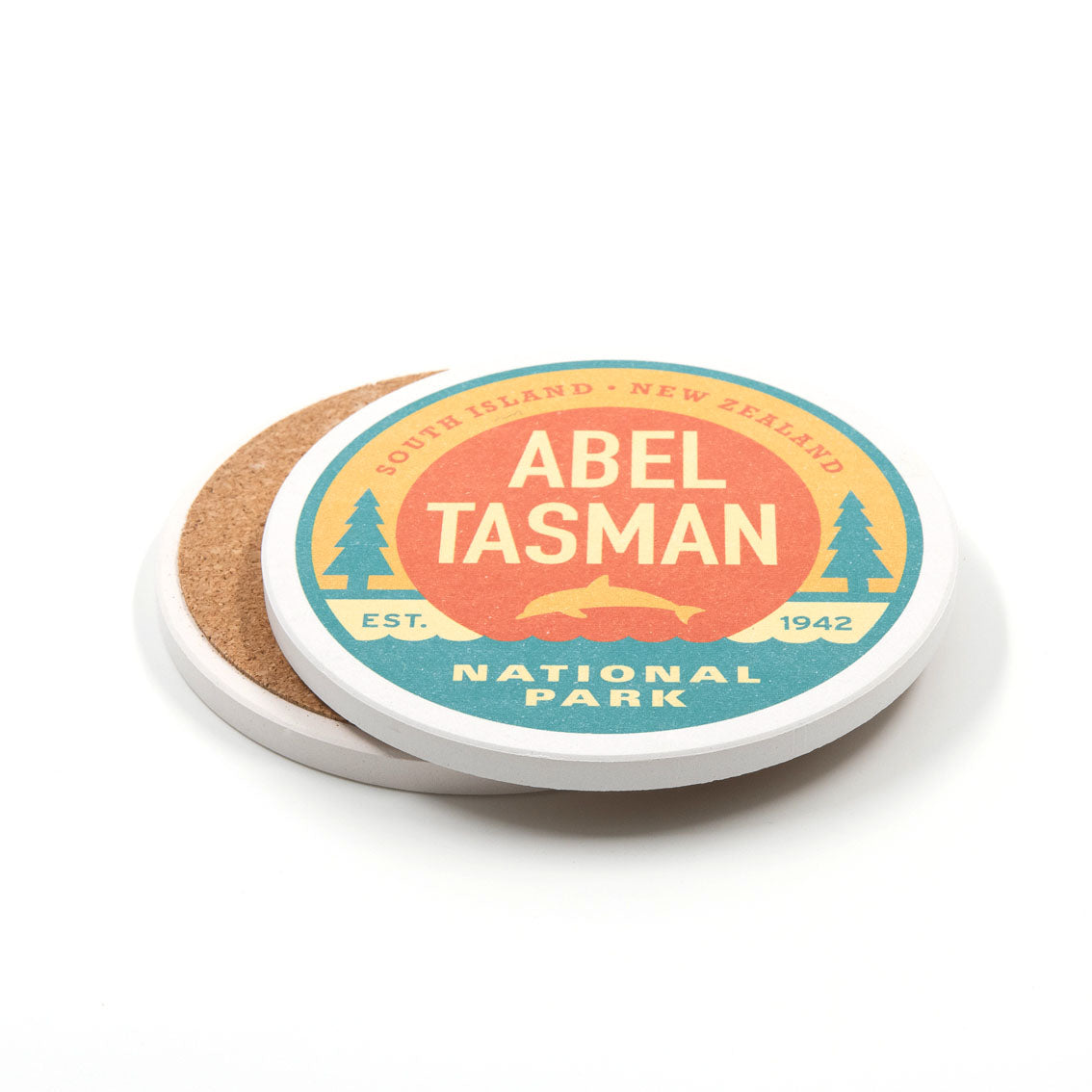 A set of 4 National Park Coasters includes round coasters with colorful “Abel Tasman National Park, South Island, New Zealand, Est. 1942” designs and sturdy cork backing for durability.