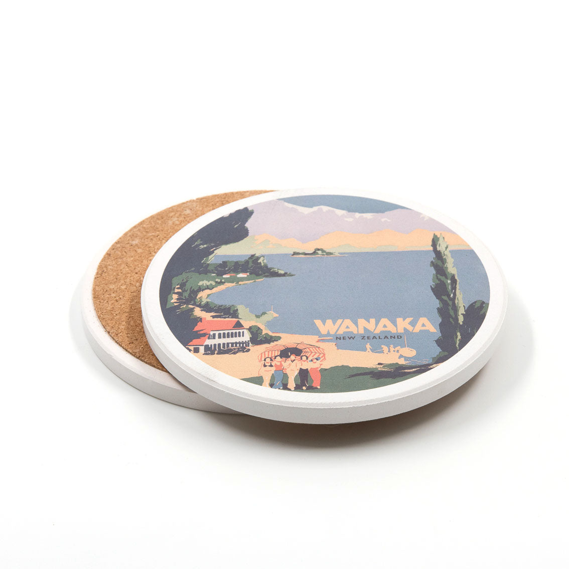 This set of 4 tourist ceramic coasters features vintage “Wanaka New Zealand” prints with scenic landscapes and sturdy cork backings—a charming New Zealand souvenir for any home.