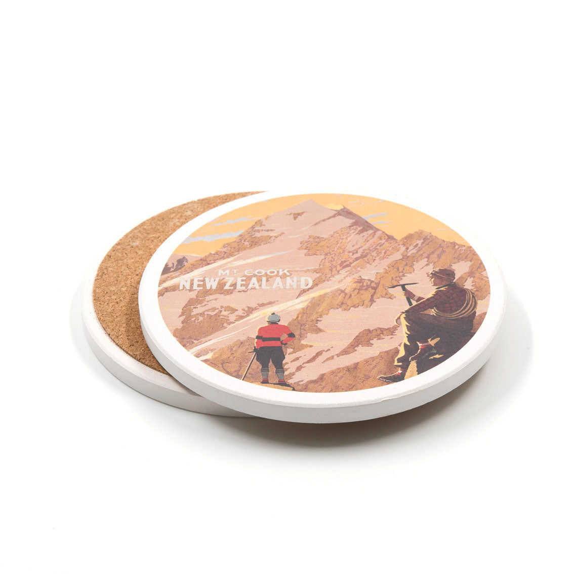 This set of 4 Tourist Ceramic Coasters includes vintage prints like hikers by Mt Cook with "New Zealand" text. A perfect New Zealand souvenir for any adventurer and a stylish way to protect your surfaces.