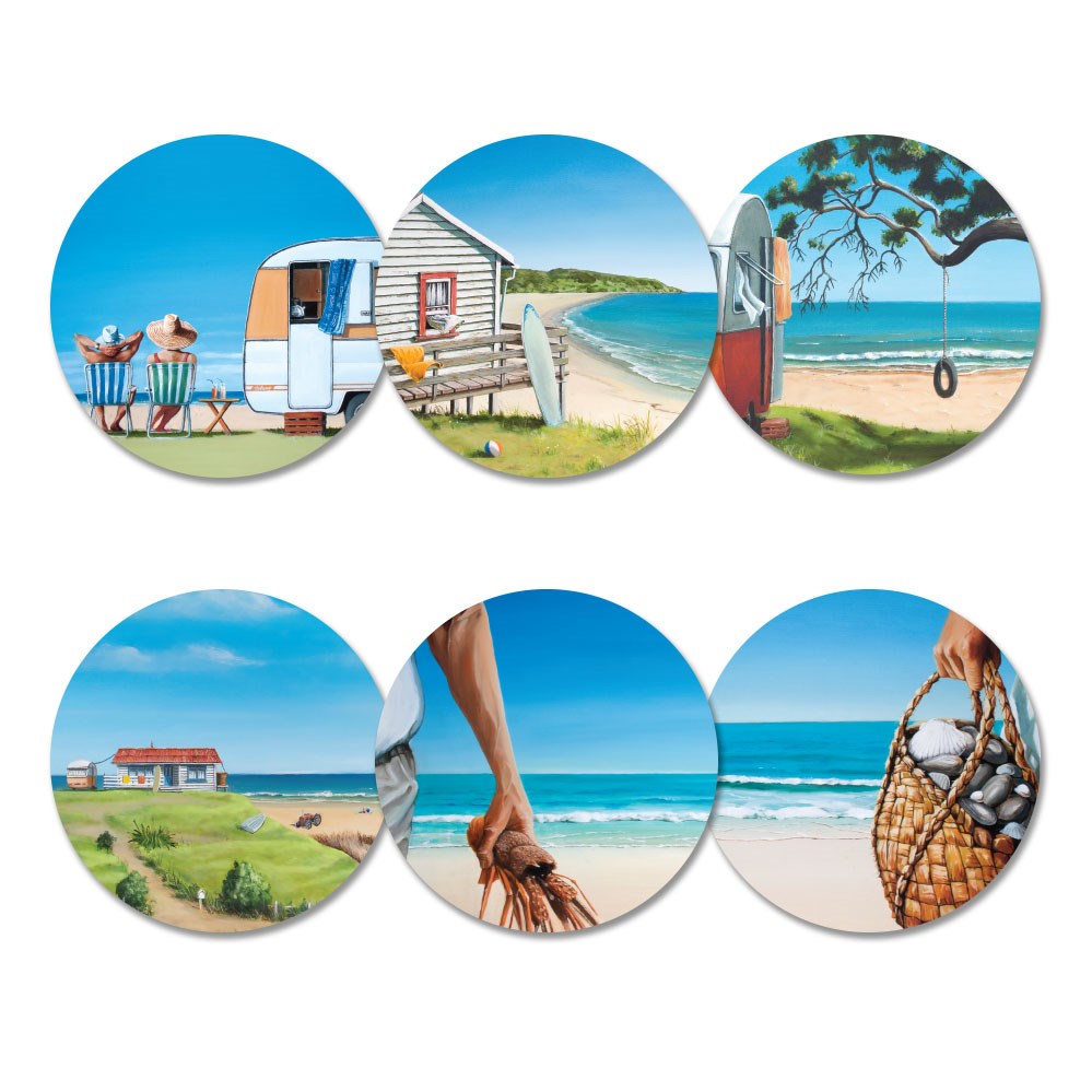 The Graham Young NZ Summer Set of 6 Coasters features circular beach-themed illustrations: a camper by the sea, seaside chairs and hats, shoreline house, van with swing by the beach, hilltop house, hands with crabs, and basket of shells.