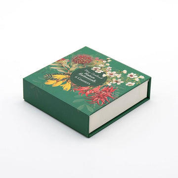 A green, square box with floral illustrations of New Zealand native botanicals and Native Botanicals of NZ set of 6 Coasters on the lid, photographed against a plain white background.