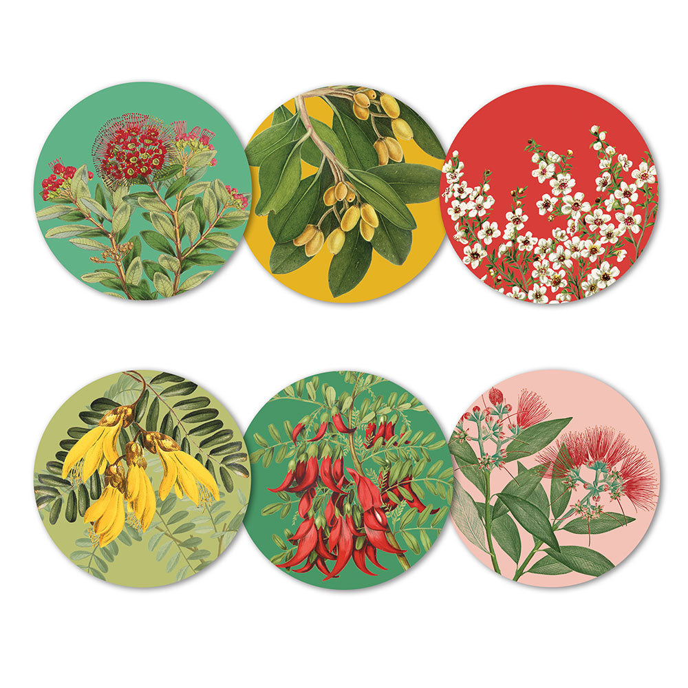 The Native Botanicals of NZ set of 6 Coasters features round coasters, each with a unique illustrated native plant on colored backgrounds—green, yellow, red, light green, green, and light pink—to celebrate local flora.