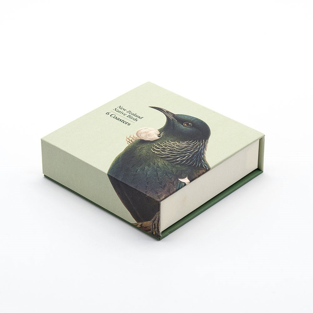 A square green box with native bird illustrations and the text Hushed Birds Set of 6 Coasters on the lid, shown against a plain white background.
