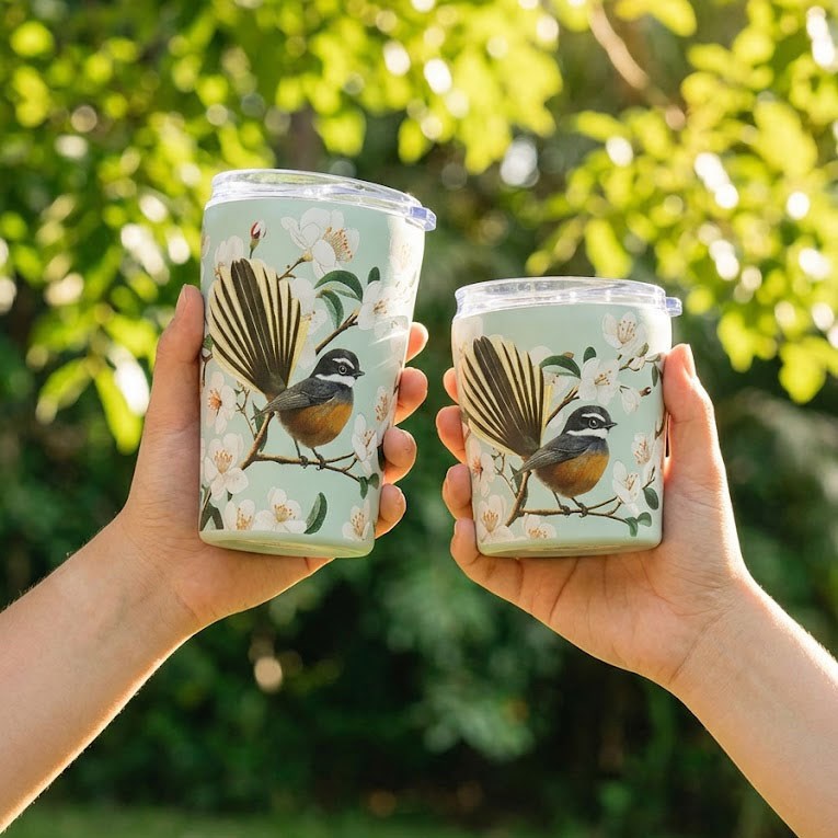 Two hands hold up Chatty Fantail Coffee Cups—stylish stainless steel travel mugs featuring a bird and floral design—against a blurred outdoor background with green leaves and sunlight.